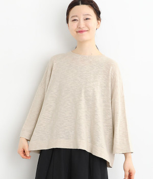 リネンコットンスラブニットドロップショルダー7分袖(サンドベージュ-ONESIZE)