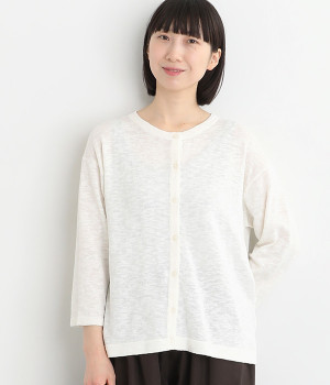 リネンコットンスラブニットクルーカーディガン7分袖(オフホワイト-ONESIZE)