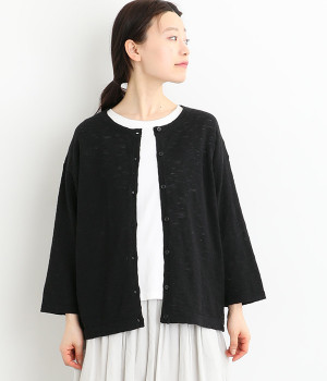 リネンコットンスラブニットクルーカーディガン7分袖(ブラック-ONESIZE)