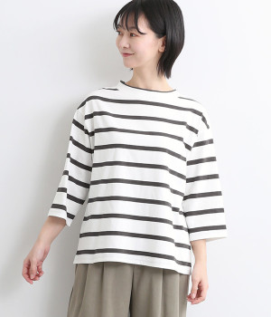 OE天竺ボーダーボトルネックワイドプルオーバー7分袖(オフホワイト×スミクロ-ONESIZE)