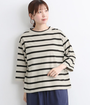 OE天竺ボーダーボトルネックワイドプルオーバー7分袖(グレージュ×ブラック-ONESIZE)