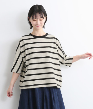 OE天竺ボーダードルマンスリーブプルオーバー(グレージュ×ブラック-ONESIZE)