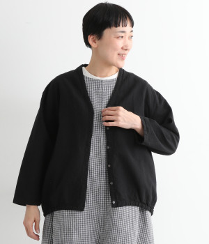 リネンコットン 裾ゴムVネックカーディガン(ブラック-ONESIZE)