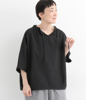 コットンリネンキャンバスドロストネックプルオーバー(ブラック-ONESIZE)