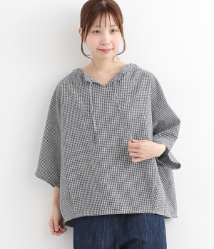 コットンリネンキャンバスドロストネックプルオーバー(ギンガム-ONESIZE)