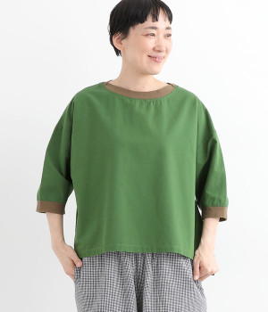 コットンリネンウェザークロスリブ付きワイドプルオーバー(グリーン-ONESIZE)