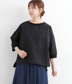 コットンリネンウェザークロスリブ付きワイドプルオーバー(ブラック-ONESIZE)