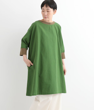コットンリネンウェザークロスリブ付きドルマンチュニック(グリーン-ONESIZE)