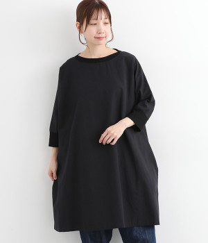 コットンリネンウェザークロスリブ付きドルマンチュニック(ブラック-ONESIZE)