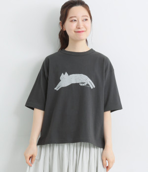 ラフィ天竺猫の手も借りたいプリントワイドTシャツ(スミクロ-ONESIZE)