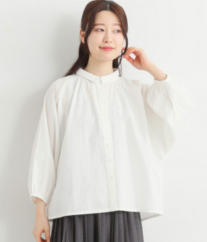 コットンリネン平織りドルマンスリーブシャツ(オフホワイト-ONESIZE)