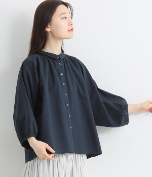 コットンリネン平織りドルマンスリーブシャツ(ネイビー-ONESIZE)