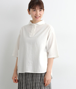 コットンリネン平織り1釦ヘンリーネック(オフホワイト-ONESIZE)