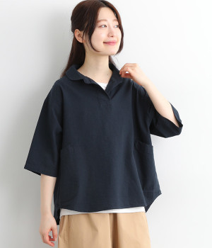 コットンリネン平織り1釦ヘンリーネック(ネイビー-ONESIZE)