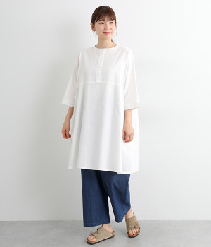 コットンリネン平織りギャザリング2wayチュニック(オフホワイト-ONESIZE)