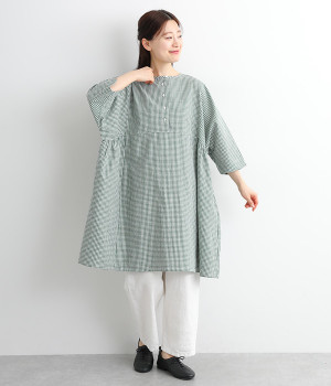 コットンリネン平織りギャザリング2wayチュニック(グリーンギンガム-ONESIZE)