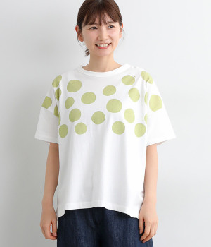 ラフィ天竺ドットプリントワイドTシャツ(オフホワイト/グリーン-ONESIZE)