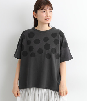 ラフィ天竺ドットプリントワイドTシャツ(スミクロ-ONESIZE)