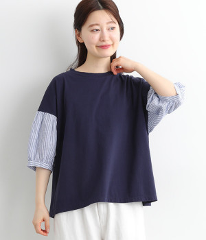 コットンリネンパフスリーブ切替プルオーバー(ネイビー×ネイビーストライプ-ONESIZE)