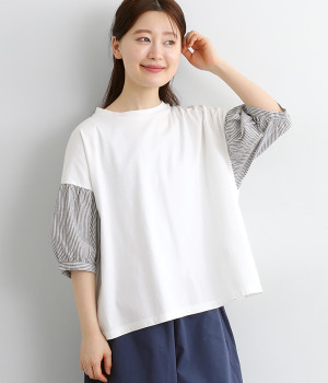 コットンリネンパフスリーブ切替プルオーバー(オフホワイト×ブラックストライプ-ONESIZE)