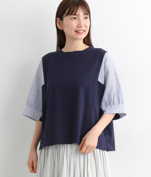 コットンリネン切替ドルマンスリーブプルオーバー(ネイビー×ネイビーストライプ-ONESIZE)