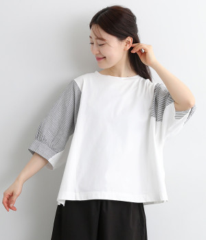 コットンリネン切替ドルマンスリーブプルオーバー(オフホワイト×ブラックストライプ-ONESIZE)