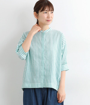 コットンリネン比翼コクーンシャツ　5分袖(グリーンストライプ-ONESIZE)