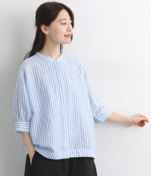 コットンリネン比翼コクーンシャツ　5分袖(サックスストライプ-ONESIZE)