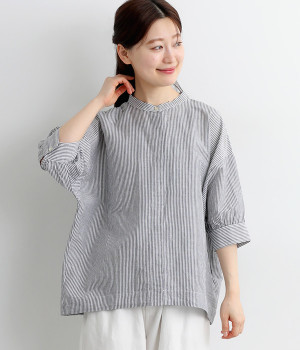 コットンリネン比翼コクーンシャツ　5分袖(ブラックストライプ-ONESIZE)