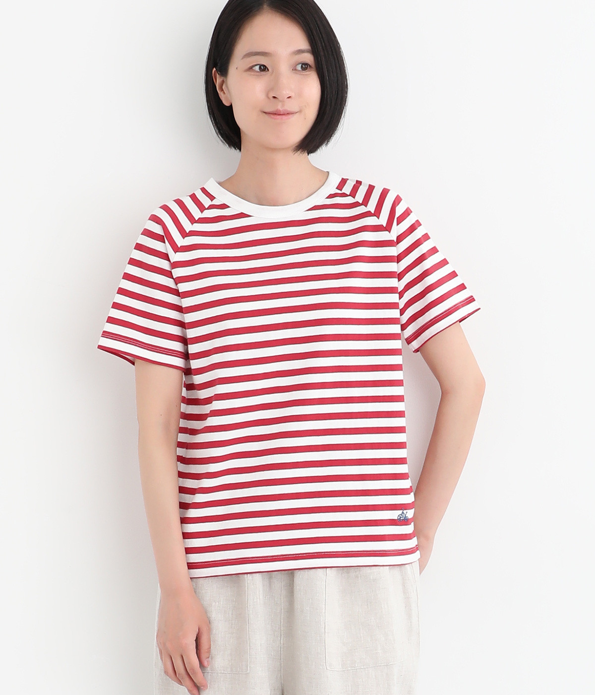 リサイクルコットンボーダーラグラン半袖TEE(オフホワイト×レッド-M)