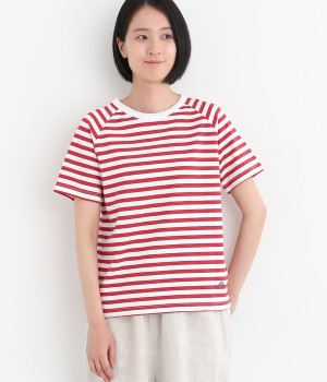 リサイクルコットンボーダーラグラン半袖TEE(オフホワイト×レッド-M)