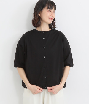 スーピマコットンシルケット加工天竺2wayワイドカーディガン(6分袖)(ブラック-ONESIZE)