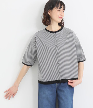 スーピマコットンシルケット加工天竺2wayワイドカーディガン(6分袖)(オフホワイト×ブラック-ONESIZE)