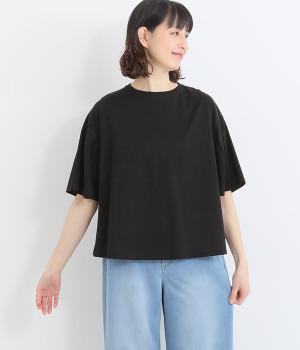 スーピマコットンシルケット加工天竺ふんわりベルスリーブTシャツ(ブラック-ONESIZE)