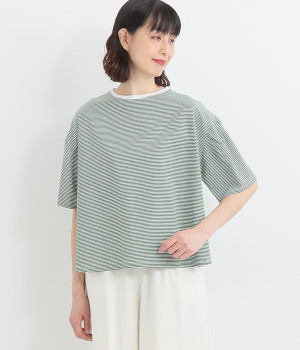 スーピマコットンシルケット加工天竺ふんわりベルスリーブTシャツ(オフホワイト×グリーン-ONESIZE)