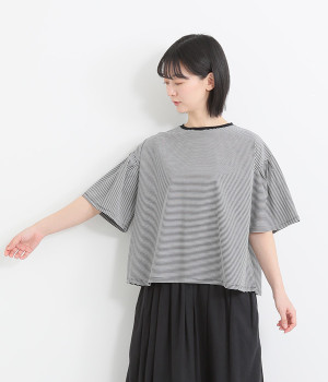 スーピマコットンシルケット加工天竺ふんわりベルスリーブTシャツ(オフホワイト×ブラック-ONESIZE)