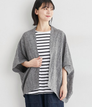 リネンガーゼ変形ドルマンカーディガン(ブラックシャンブレー-ONESIZE)