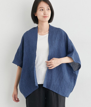 リネンガーゼ変形ドルマンカーディガン(ネイビーシャンブレー-ONESIZE)