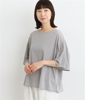 ドットプリント塩縮加工ふんわりベルスリーブプルオーバー(グレー-ONESIZE)