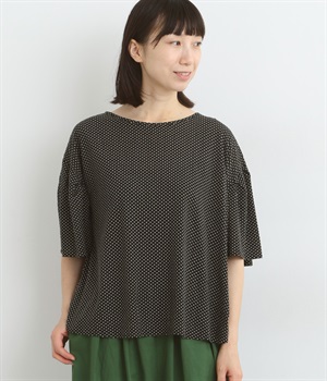 ドットプリント塩縮加工ふんわりベルスリーブプルオーバー(ブラック-ONESIZE)