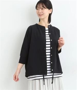 ダブルガーゼ袖口リブドルマンカーディガン(裾ドロスト仕様)(ブラック-ONESIZE)