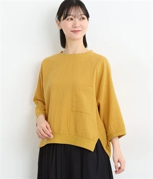 ダブルガーゼ前後差ラウンドヘムラグランプルオーバー(サフラン-ONESIZE)