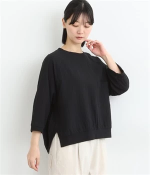 ダブルガーゼ前後差ラウンドヘムラグランプルオーバー(ブラック-ONESIZE)