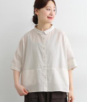 コットンリネン平織り切替ワイドチビ襟シャツ(アイスグレー-ONESIZE)