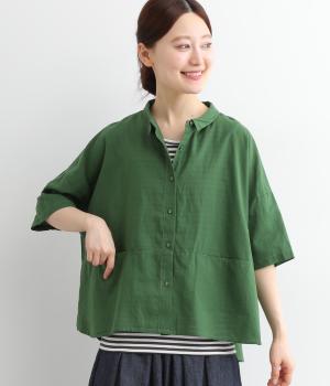 コットンリネン平織り切替ワイドチビ襟シャツ(グリーン-ONESIZE)