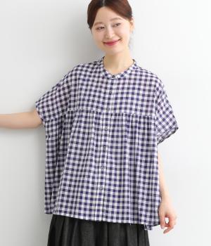 スラブ入りコットンボイル切替ギャザーブラウス(オフホワイト×パープル-ONESIZE)