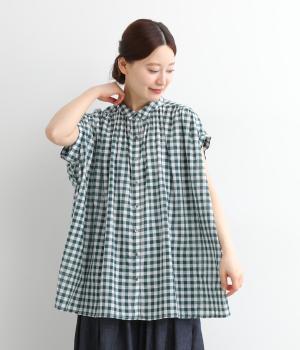 スラブ入りコットンボイルチビ襟ヨークギャザーチュニックブラウス(オフホワイト×グリーン-ONESIZE)