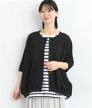 鹿の子ドルマン裾ギャザーワイドカーディガン(ブラック-ONESIZE)