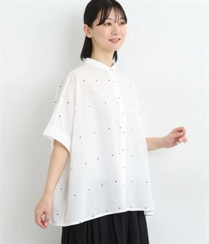 60sコットンローンドット刺繍チビ襟ワイドシャツ(オフホワイト-ONESIZE)