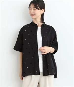 60sコットンローンドット刺繍チビ襟ワイドシャツ(ブラック-ONESIZE)